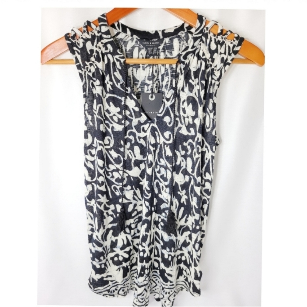Lucky Brand Cotton Lightweight Black White Floral Tank XS